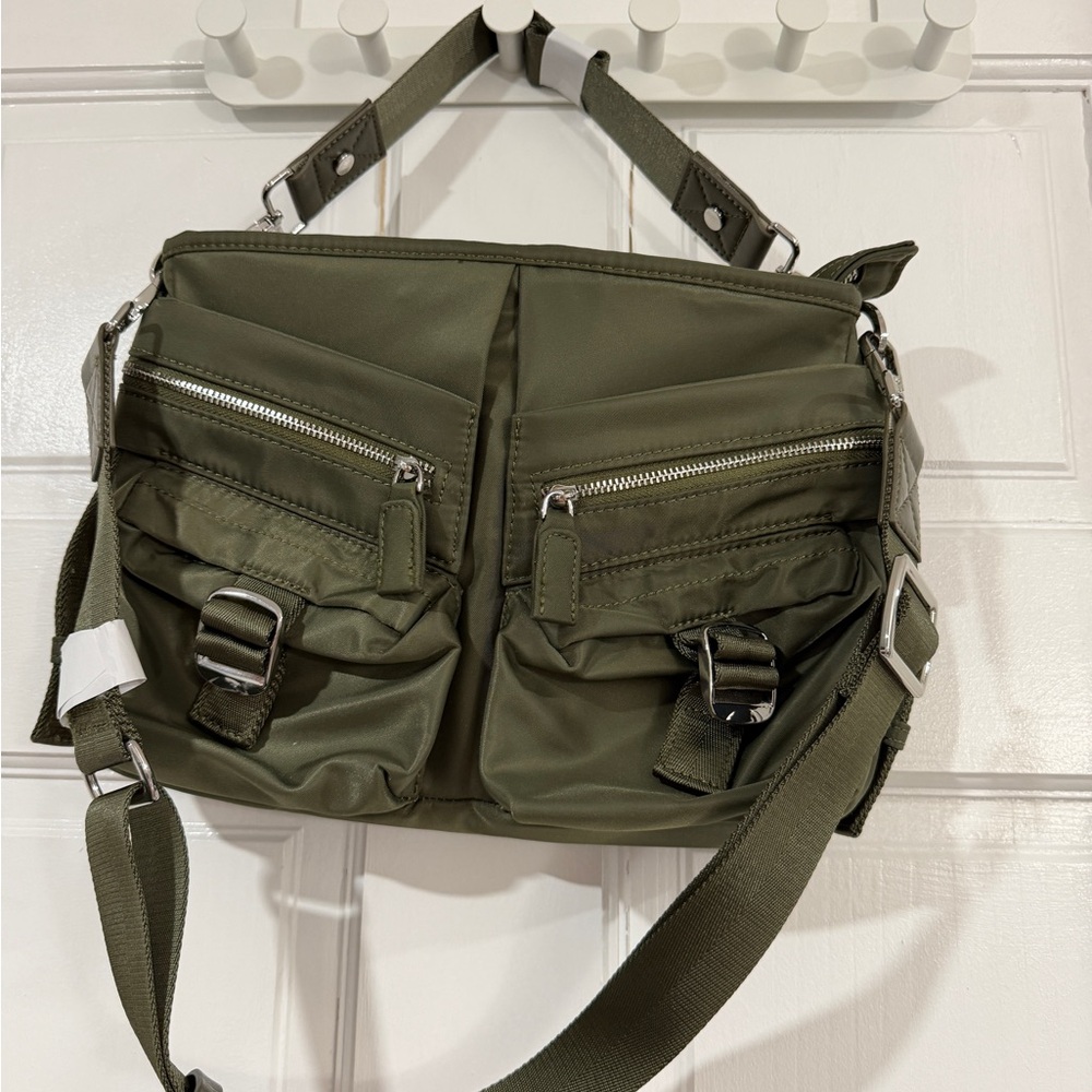 Zara Olive Green Crossbody Bag with Silver Hardware